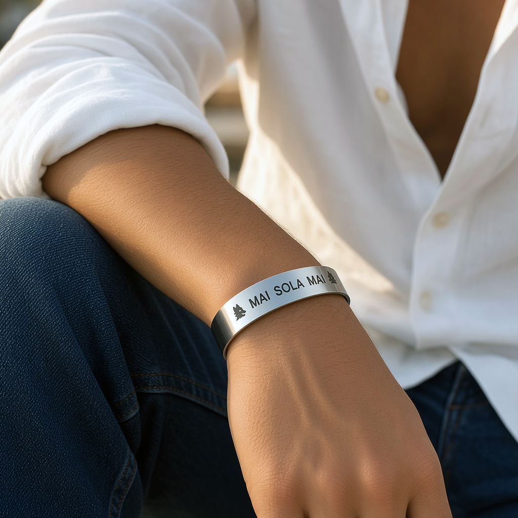 Bracciale rigido MAI SOLA MAI in acciaio indossato al polso