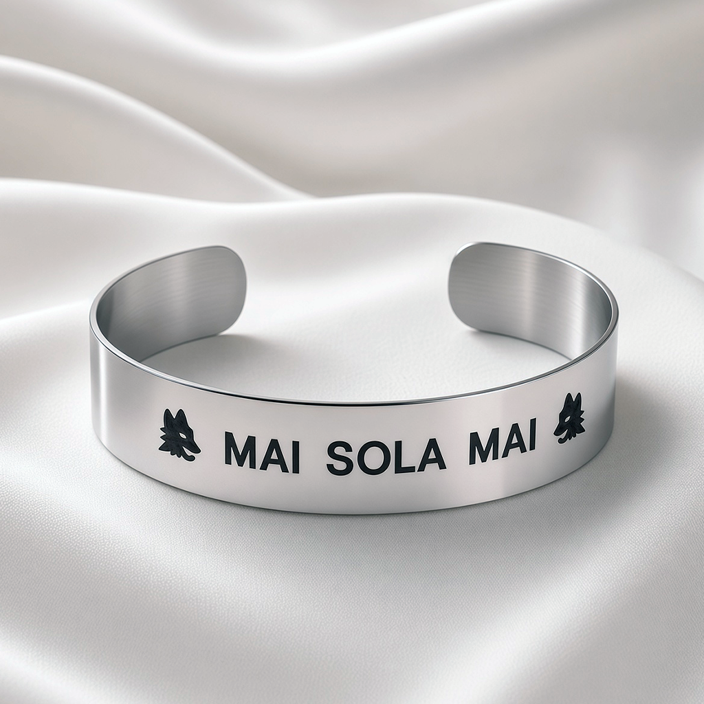 Bracciale MAI SOLA MAI acciaio con lupi, dettaglio incisione