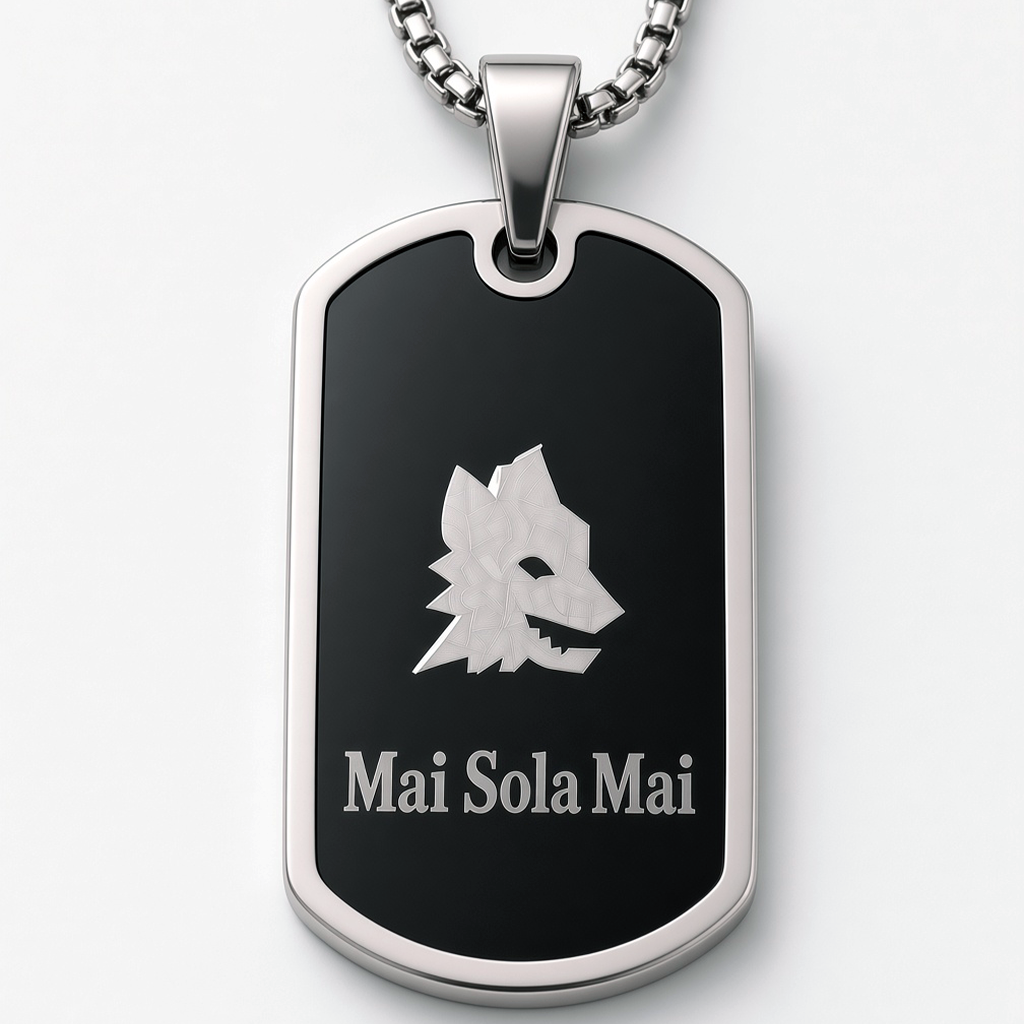 Collana targhetta nera con lupo MAI SOLA MAI, vista frontale